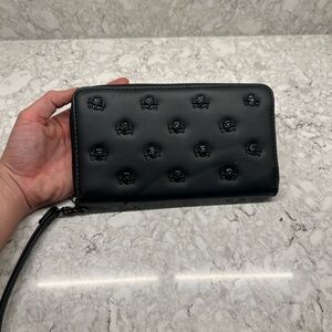 Betsey Johnson Black Embossed Skull Zip-Around Wallet